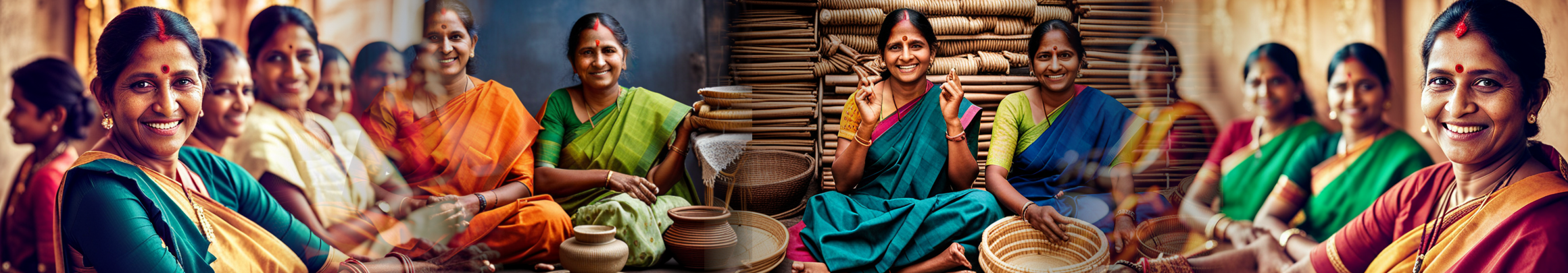 a multitude of handicraft workers sitting together smiling